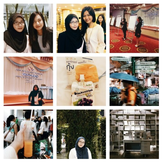 Top Row (From L to R): 1) Me and Hnin from Myanmar, 2) Me and Rachelle from The Philippines and 3) A presentation on migration by me and Cherry from Vietnam. Middle Row (From L to R): 1) A self-portrait shot with the ASEAN Youth LEAD 2015 backdrop, 2) Two of my favourite finds at Thailand's 7-11: a collagen jelly drink and a fish burger, 3) Street directions near Siam. Bottom Row (From L to R): 1) A bottle of freshly squeezed orange juice with my purchase from MAC at Siam Parragon, 2) A self-portrait at Siam Parragon, 3) One of the minimalist and artistic displays at Siam Centre.
